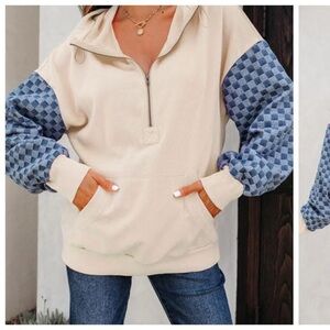Women’s large Cream and Blue Checkered hoodie